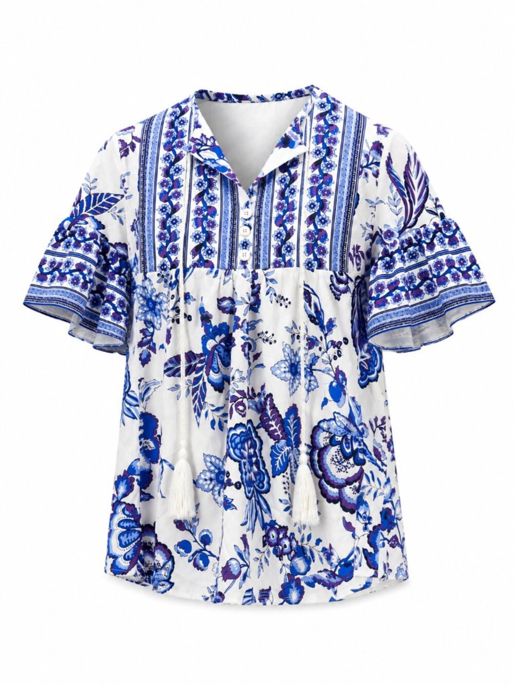 Floral Peasant Blouse in Blue and White